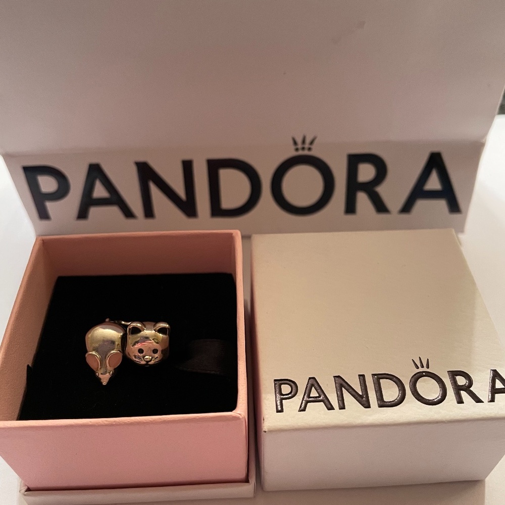 Pandora Sterling Silver Cat and Mouse Charms